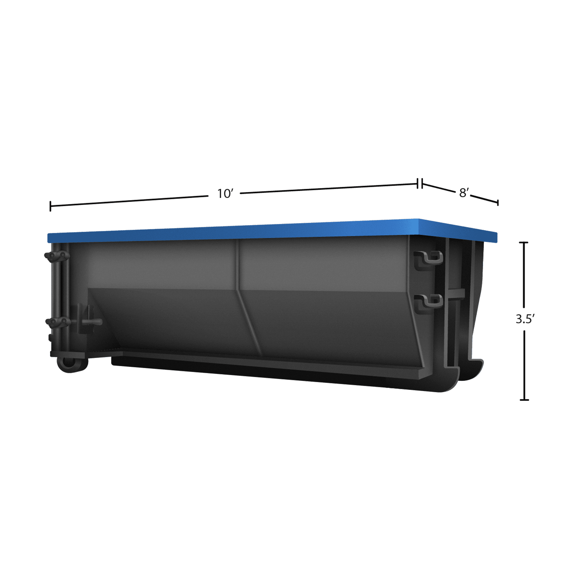 Black dumpster with blue trim, and dimensions of the unit (10' L x 8' W x 3.5' H)
