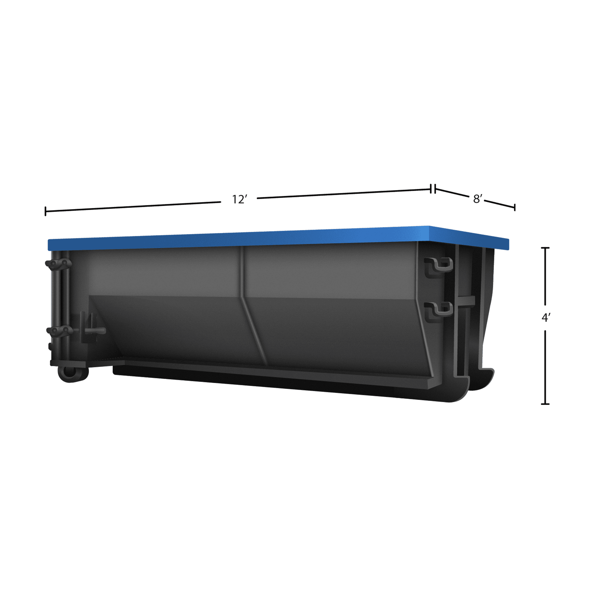 Black roll-off dumpster with blue trim with the dimensions shown: 12' L x 4' H x 8' W